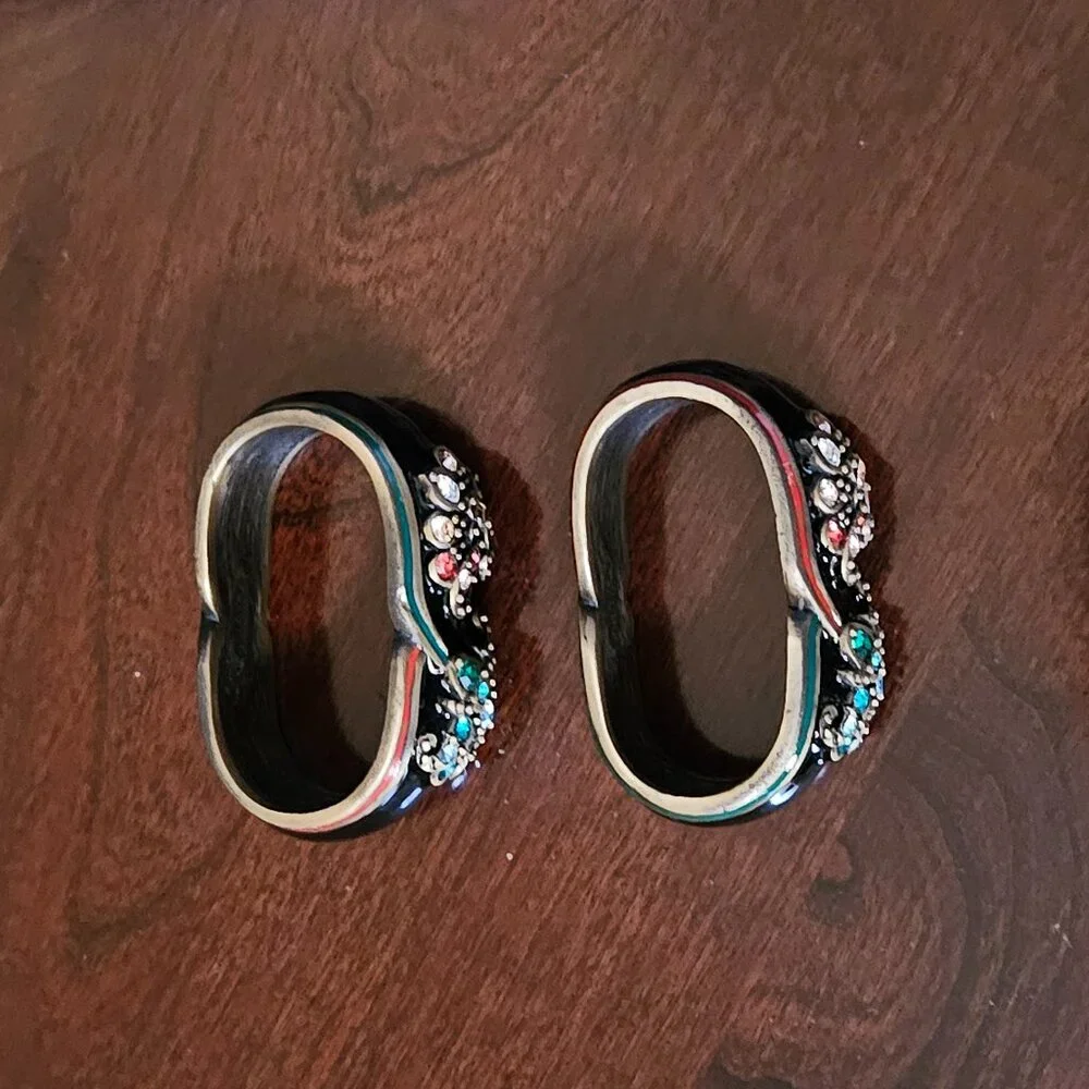 2 VINTAGE JAY STRONGWATER ART DECO CHINOISERIE SCROLL CRYSTAL ENAMEL NAPKIN RING